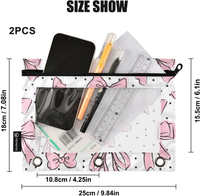 BOENLE Cute Bows Pink Pencil Pouch for 3 Ring Binder, 2 Pack Waterproof Pencil Bags Clear Window Zipper School Office Supplies - Image 3